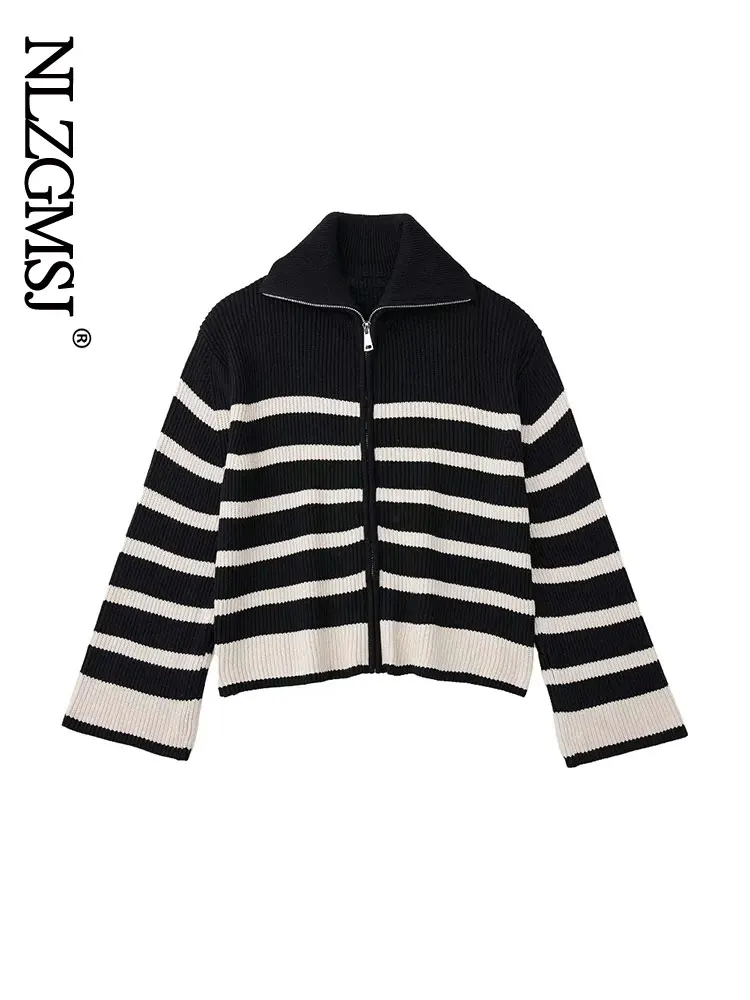 

Осенний кардиган Nlzgmsj 2023, Женский Зимний пуловер, свитер в черно-белую полоску, Повседневный свитер на молнии