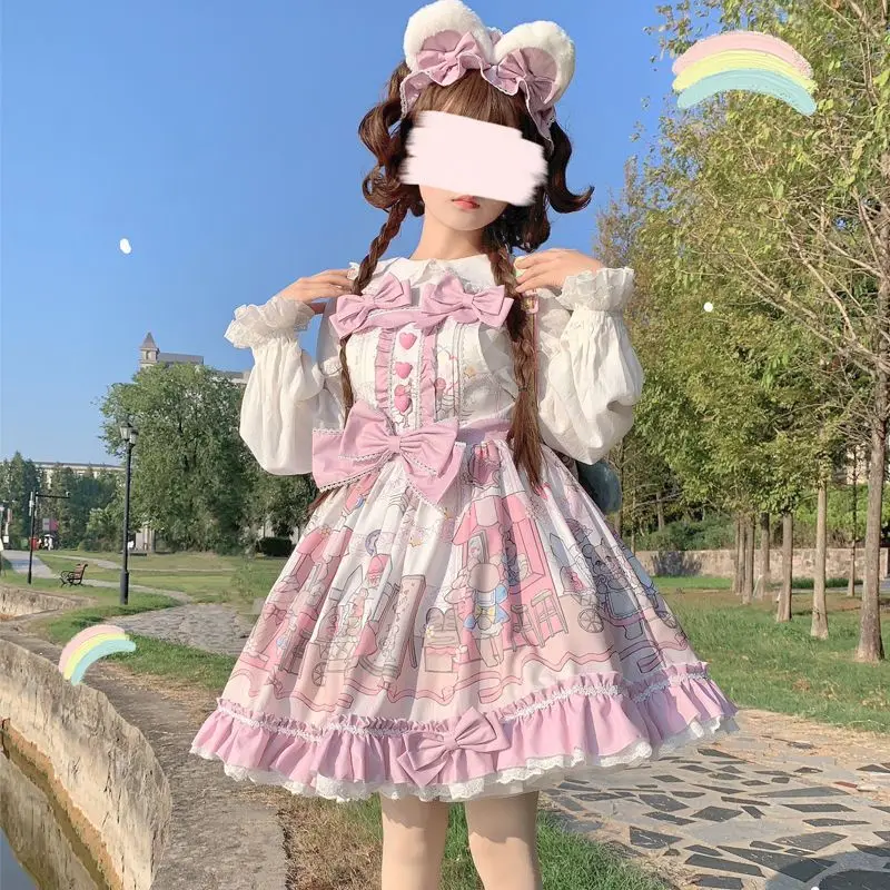 

Платье сладкой Лолиты, мягкое милое платье с медведем JSK Dream Lolita в японском стиле, милое чайное платье с подтяжками в готическом стиле