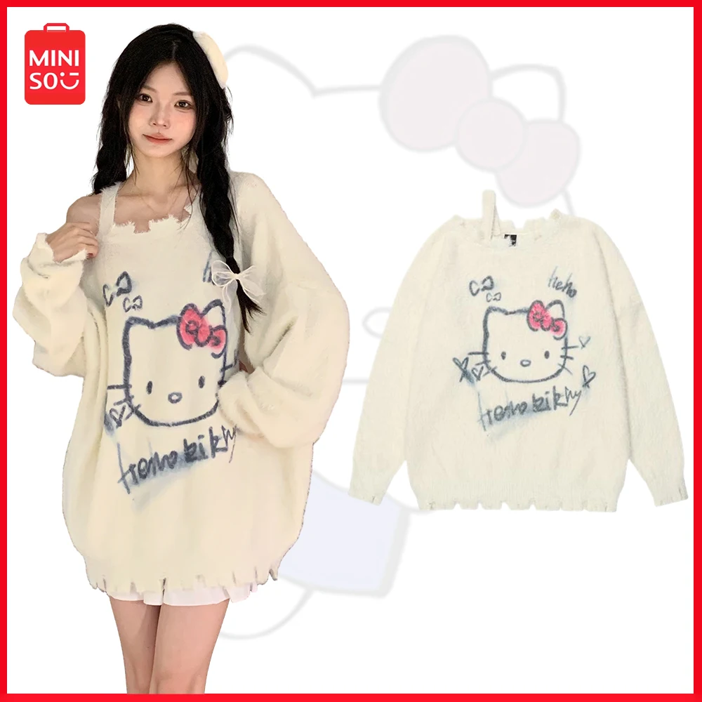 

New Miniso Sanrio Kawaii Hellokitty Destroying Strapless Sweater Plush Knit Sweater Fall Winter Models Cartoon Printing Pullover