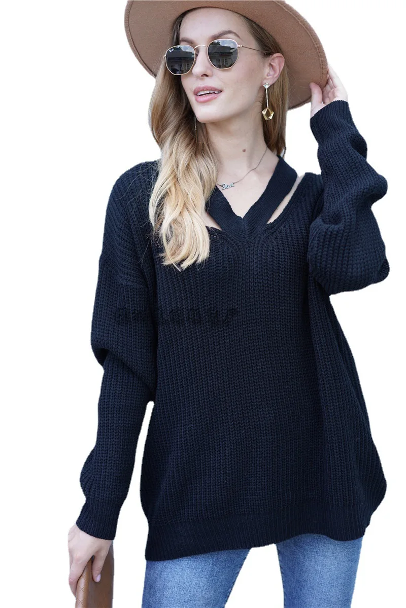 

Autumn And Winter Solid Color Knitwear Pullover Loose Plus Size Temperament CommutingV-Neck Sweater