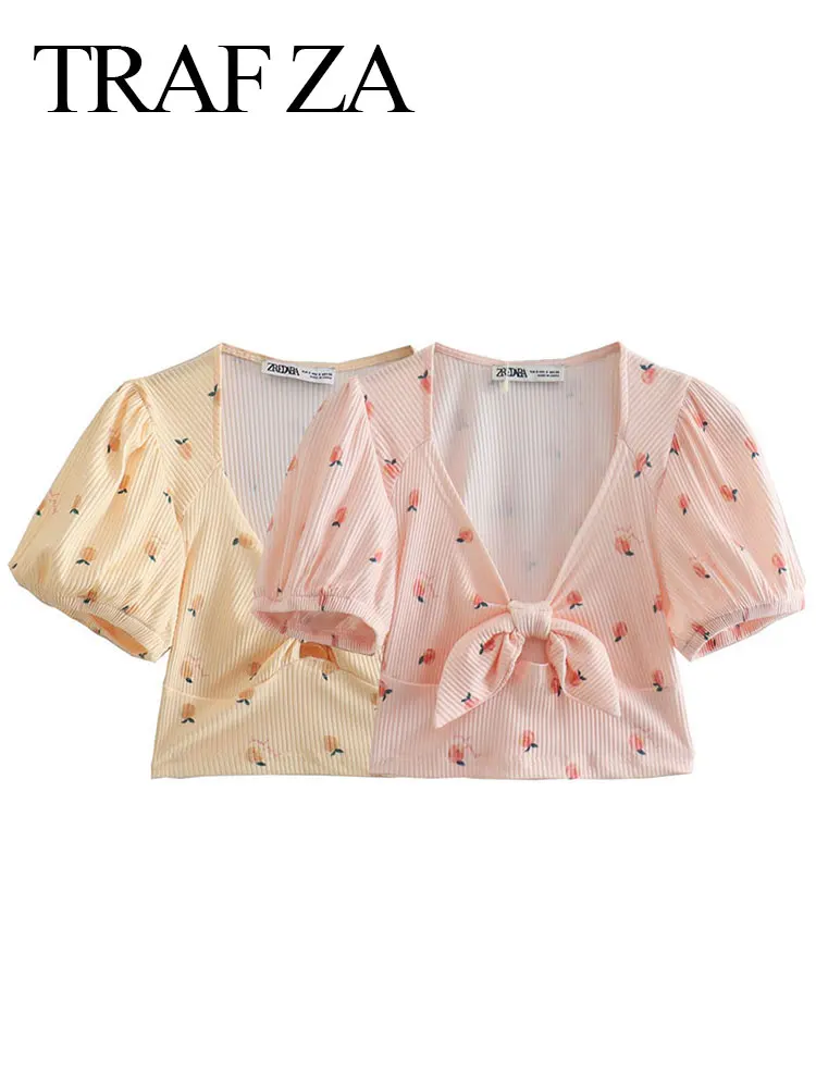 

TRAF ZA Sweet Printed Short Top Women's Puff Sleeves V-Neck Bow Knot Hollow Wrapped Chest Slim Fit Sexy Tank Top Summer Beach