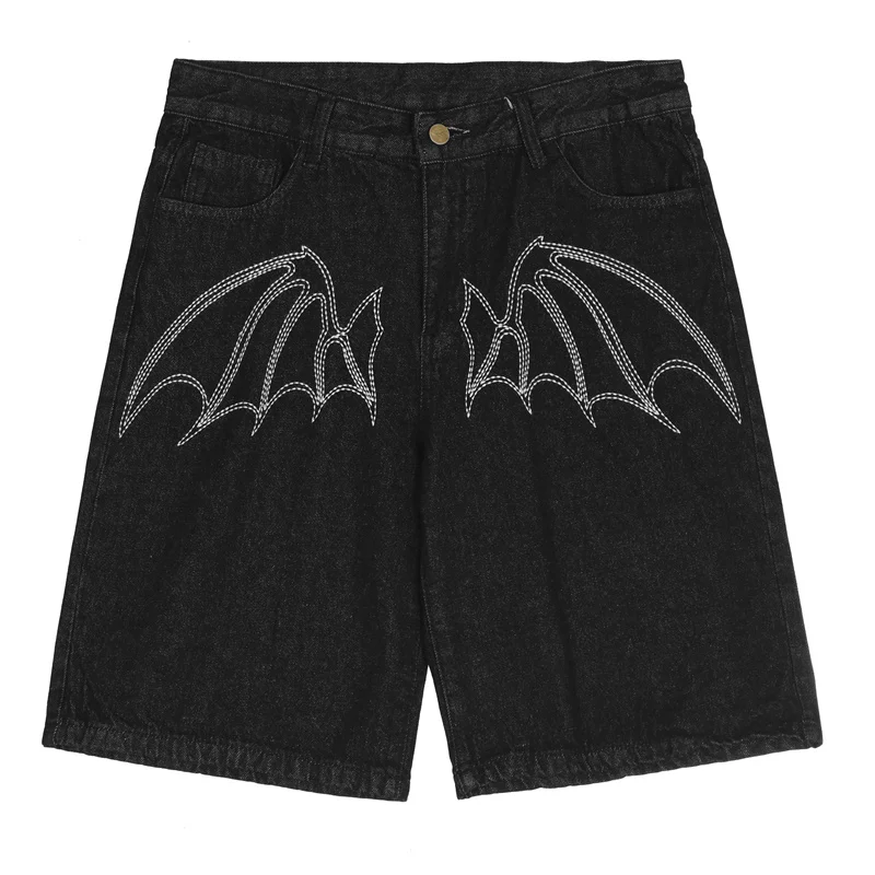 

2022 Hip Hop Streetwear Denim Pants Letter Wing Print Vintage Gothic Shorts Summer Harajuku Fashion Casual Baggy Jeans Shorts