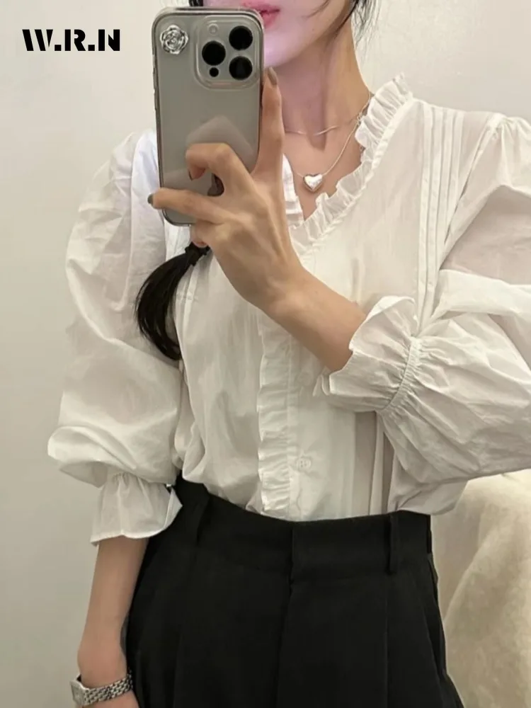 Шикарная белая рубашка женская ранняя весна милая кружевная отделка дизайн на