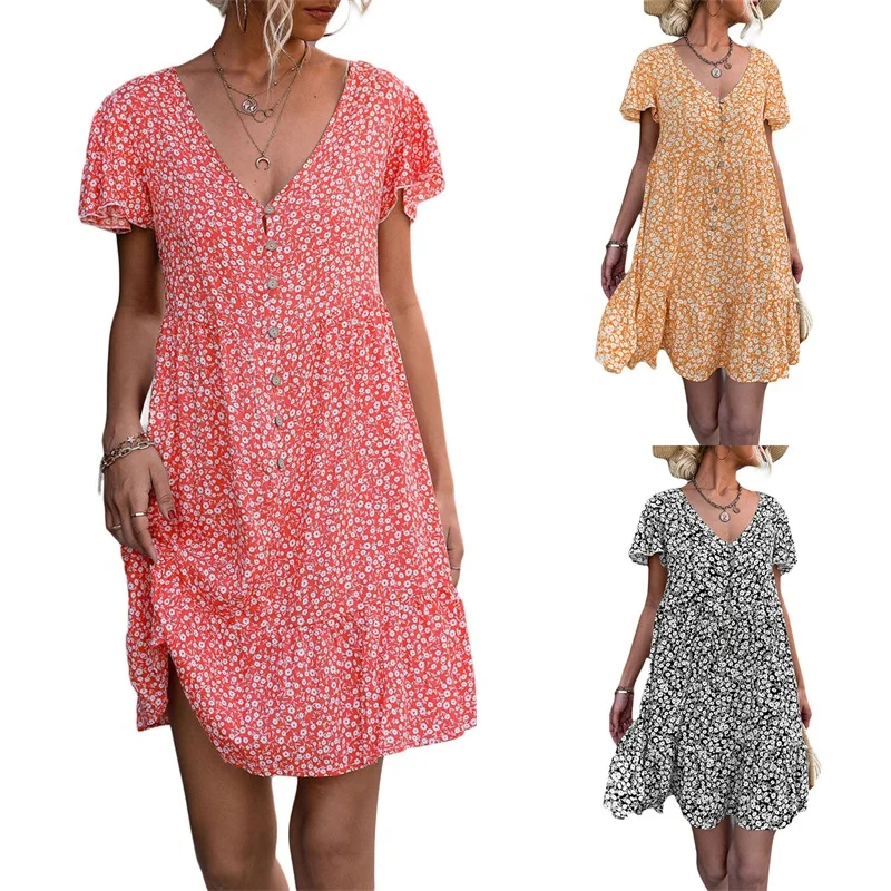 

Женское летнее платье, свободная пляжная юбка на пуговицах с коротким рукавом и V-образным вырезом