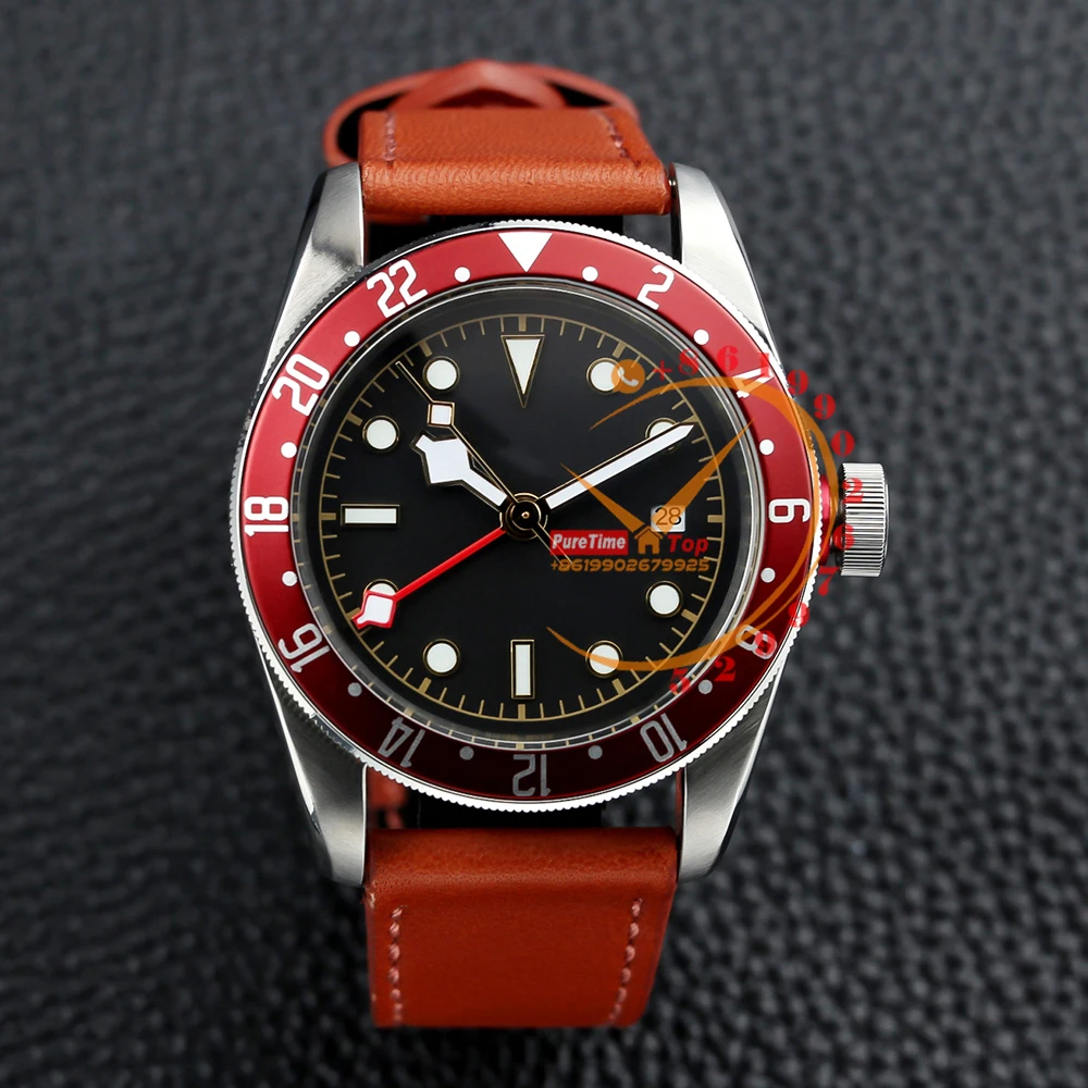 

Bay GMT M79830RB Automatic Mens Watch Red Cerami Bezel Black Dial Brown Leather Strap 2023 Luxury Reloj Hombre Swisstime