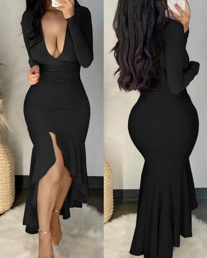 

Long Sleeve Deep V-Neck Mermaid Dress Nightclub Sexy Dress for Women 2022 Autumn Europe and America Fashion Women's Clothing