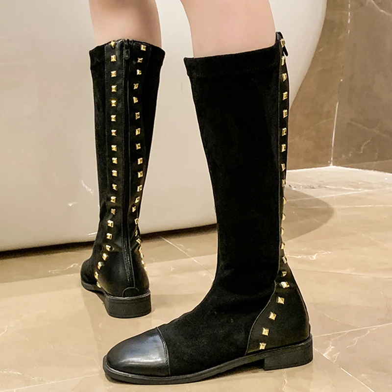 

Autumn Rivet Knee High Stretch Boots For Women Square Toe Ladies Modern Booties Party New Fashion Western Female Shoes 2022