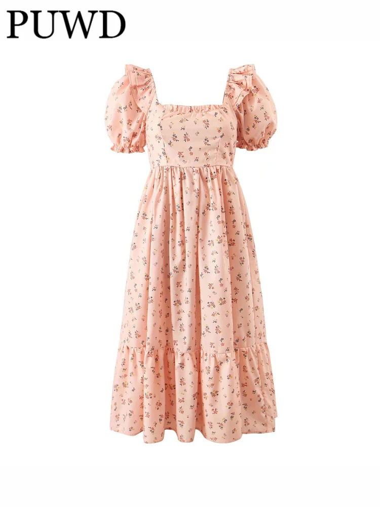 

PUWD Women Floral Pleated Square Collar Puff Sleeve Dress 2022 Summer Fashion Ladies Prairie Chic Female Short Sleeves Dress
