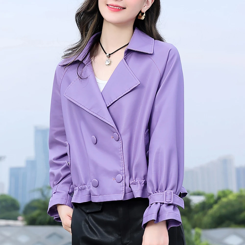 

Куртка женская короткая из искусственной кожи, двубортная верхняя одежда свободного покроя из экокожи с отложным воротником, уличная одежда, весна