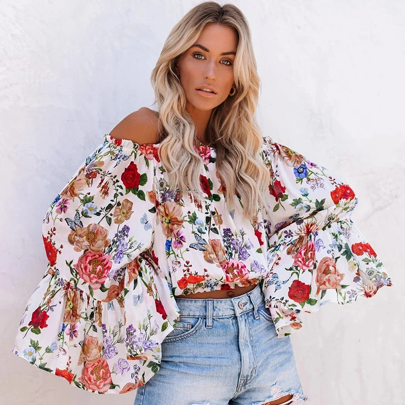 

Floral Printed Flare Sleeve Chiffon Blouse Women Off Shoulder Sexy Crop Tops Slim Elegant Fashion Slash Neck Shirts Blusas 26572