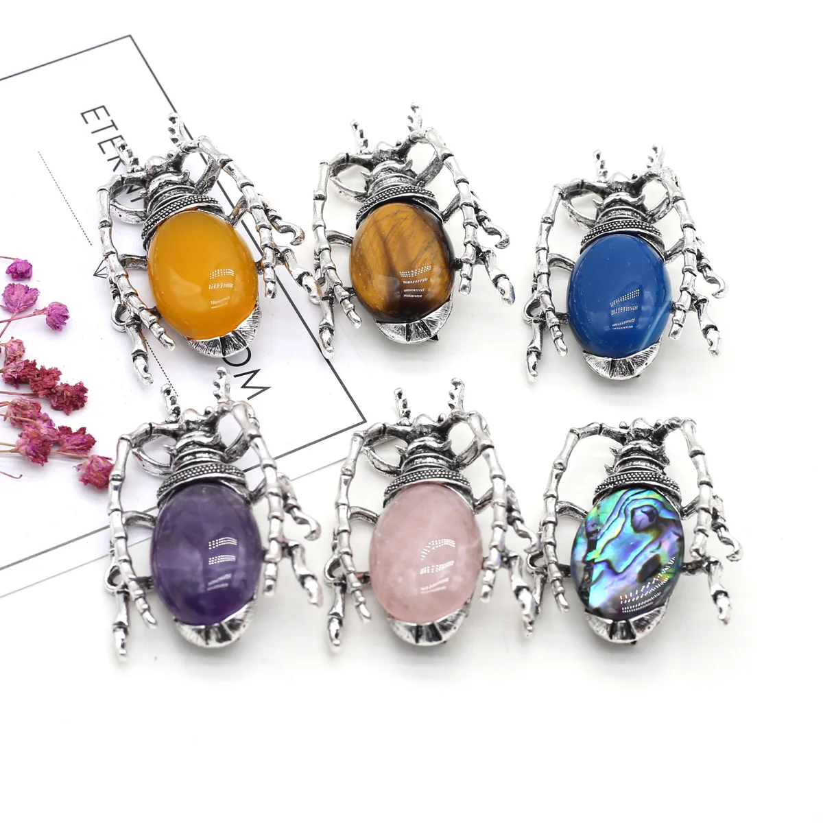 

1PC Oval Natural Stone Pendant Rose Quartz Opal Agate Beetle Healing Crystals Charms for Jewelry Making DIY Necklace Earrings