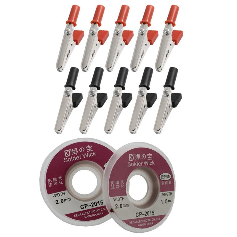 

BEST10 Pcs 50Mm Plastic Handle Test Probe Metal Alligator Clips & 2Pcs 2.0MM Solder Wick Remover Desoldering Braid Wire Sucker C