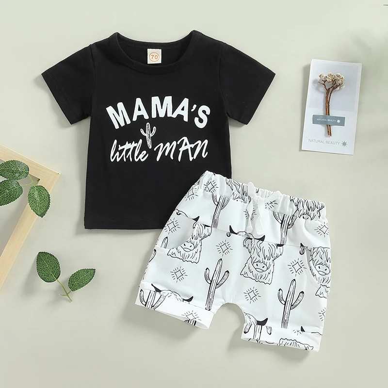 

2023-02-24 Lioraitiin 0-18M Baby Boys Summer Outfit Black Short Sleeve O Neck Letter Tops Cattle Head Cactus Print Shorts