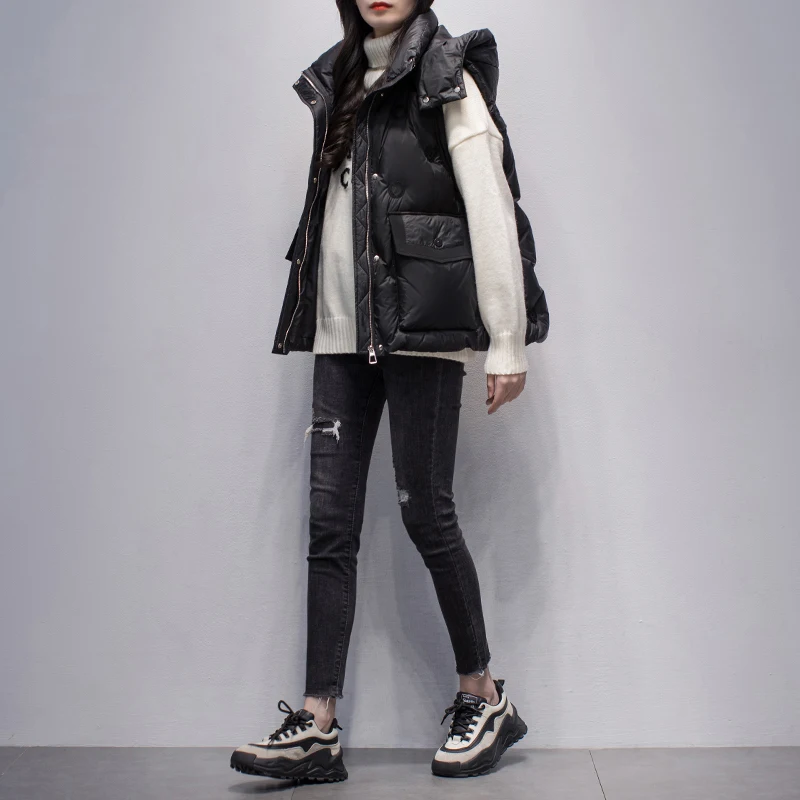 

2023 Autumn Winter Women's New Korean Short Down Vest Female Loose Hooded Waistcoat Ladies White Duck Down Vest Coats J125