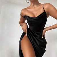 black sexy sleeveless split satin dress women 2022 summer fashion new high waist slim fit sexy party club suspender dresses