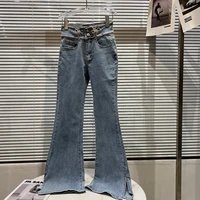 2022 spring summer new bow rhinestone waist stretch skinny jeans for women elegant female washed denim pants lady jean trousers
