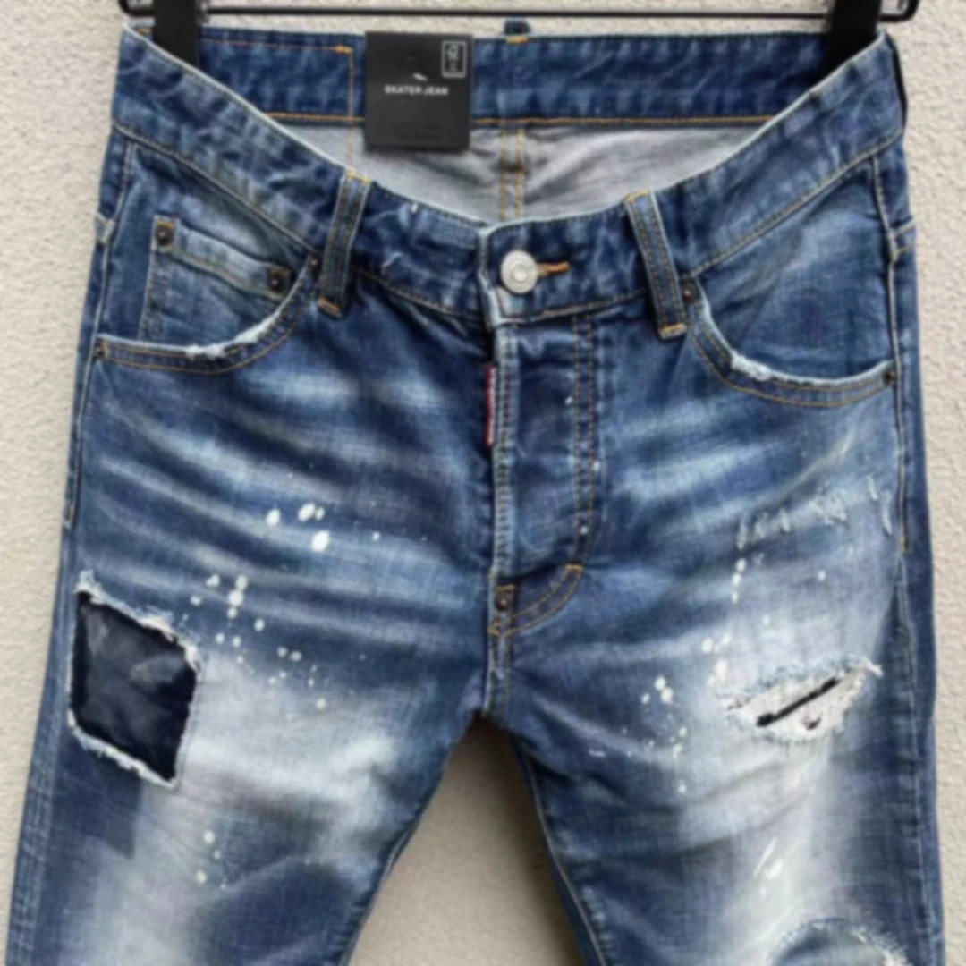 2023 Spring/Summer New D2 Jeans Men's Wash Printing Simple and Versatile 3D Cutting Small Foot Blue