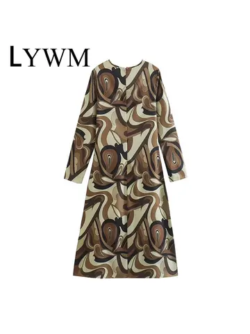 LYWM Women Fashion Print Midi Dress Vintage O-Neck Long Sleeves Back Zipper Female Chic Lady Long Dresses