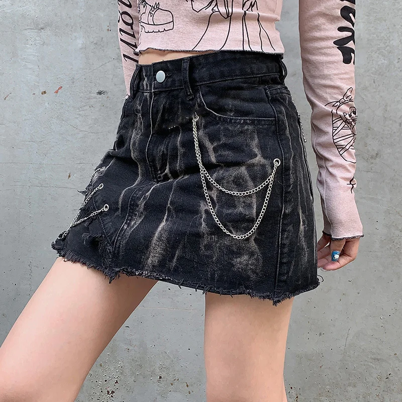 

Casual skir,2023 Chain Tie Dyed Denim Short Skirt for Women with American Spicy Girls Made Old Style Individualized Fur Bottom W