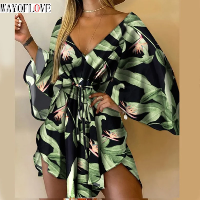 

WAYOFLOVE Ladies Sexy Print Beach Dress Woman Lacing Batwing Sleeved Summer Streetwear Dresses Casual Asymmetrical Women's Dress