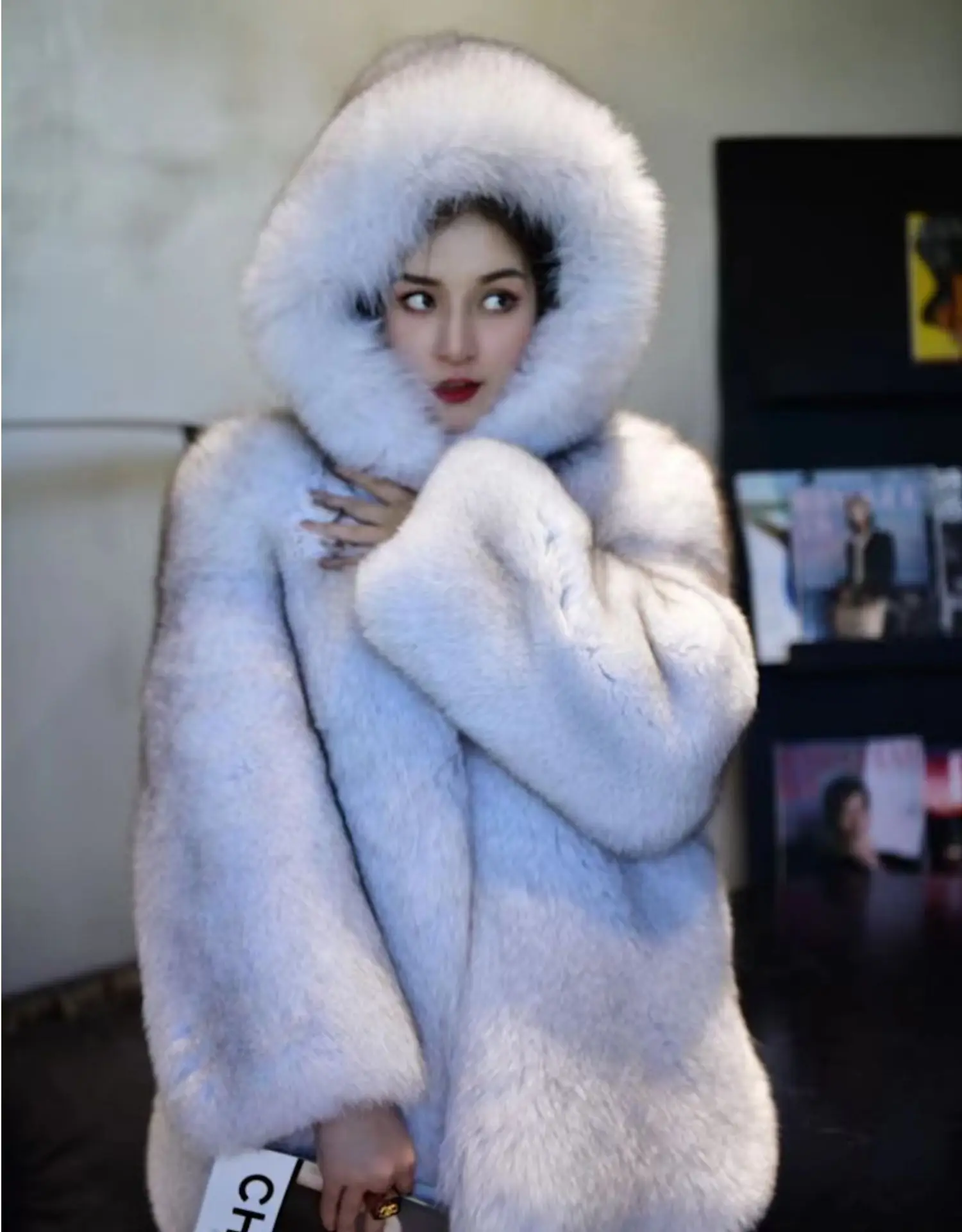 FURYOUME New Winter Women Real Fox Fur Coat Hooded Natural Silver Red Fox Fur Jacket Female Thick Warm Outerwear Ladies Clothes