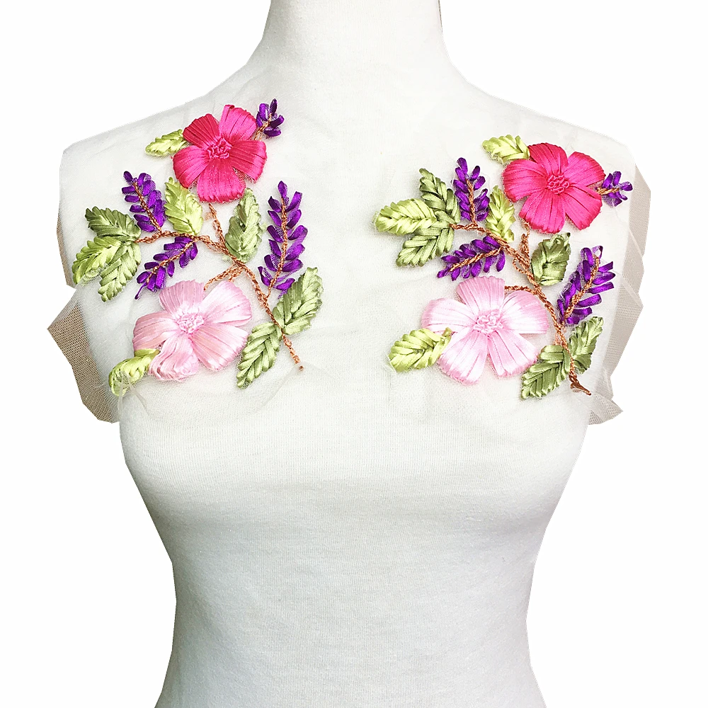 

2pc Ribbon Flower Embroidery Patch Embroidered Applique Patches For Clothing Parches Sewing Accessories Sew On 15x10cm AC1145