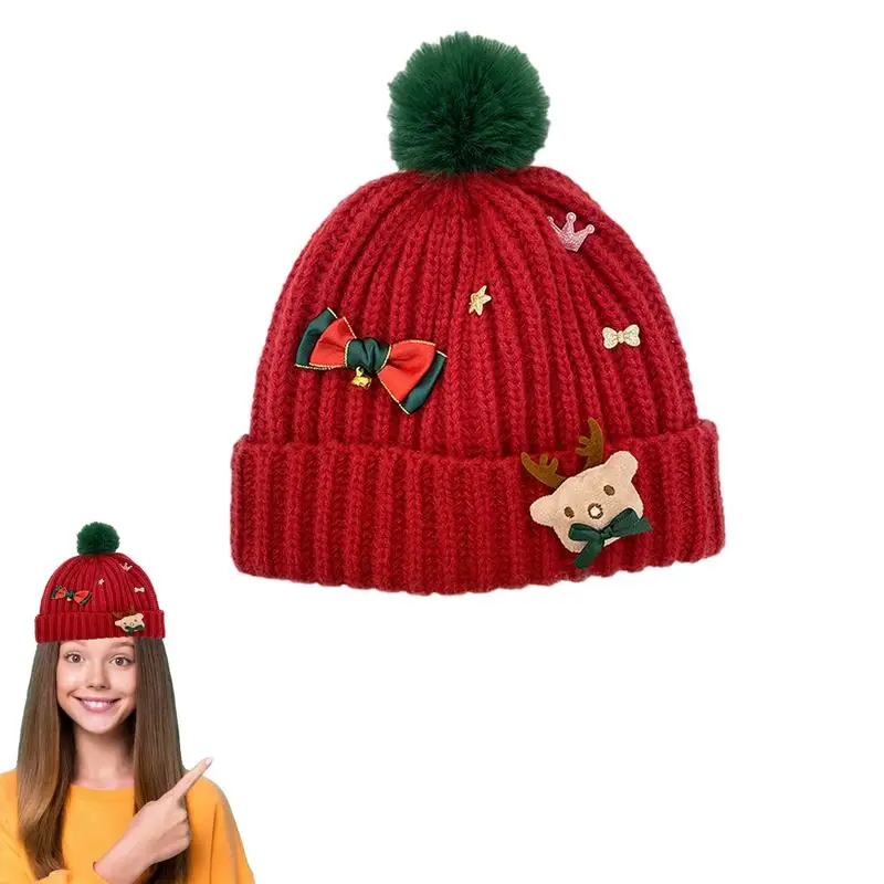 

Fall Hats For Women 2023 Christmas Hat Cute Pom Poms Animal Picture Small Bow 2-Layer Knit Cuffs Skiing Beanies For Winter And