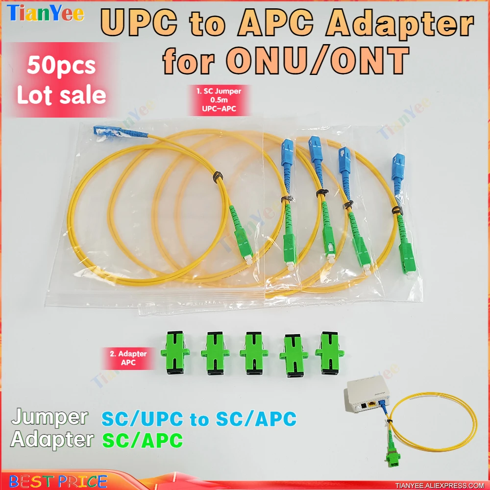 50pcs SC UPC to APC adapter cable for ONU ONT NU Universal connection SC/UPC-SC/APC 0.5m Suit Jumper with APC Adapter