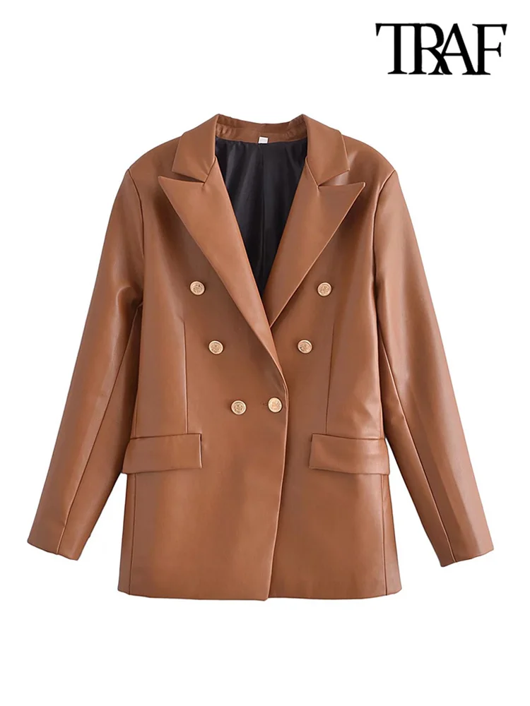 

TRAF Women Fashion With Buttoned Faux Leather Blazer Coat Vintage Long Sleeve Flap Pockets Female Veste Femme