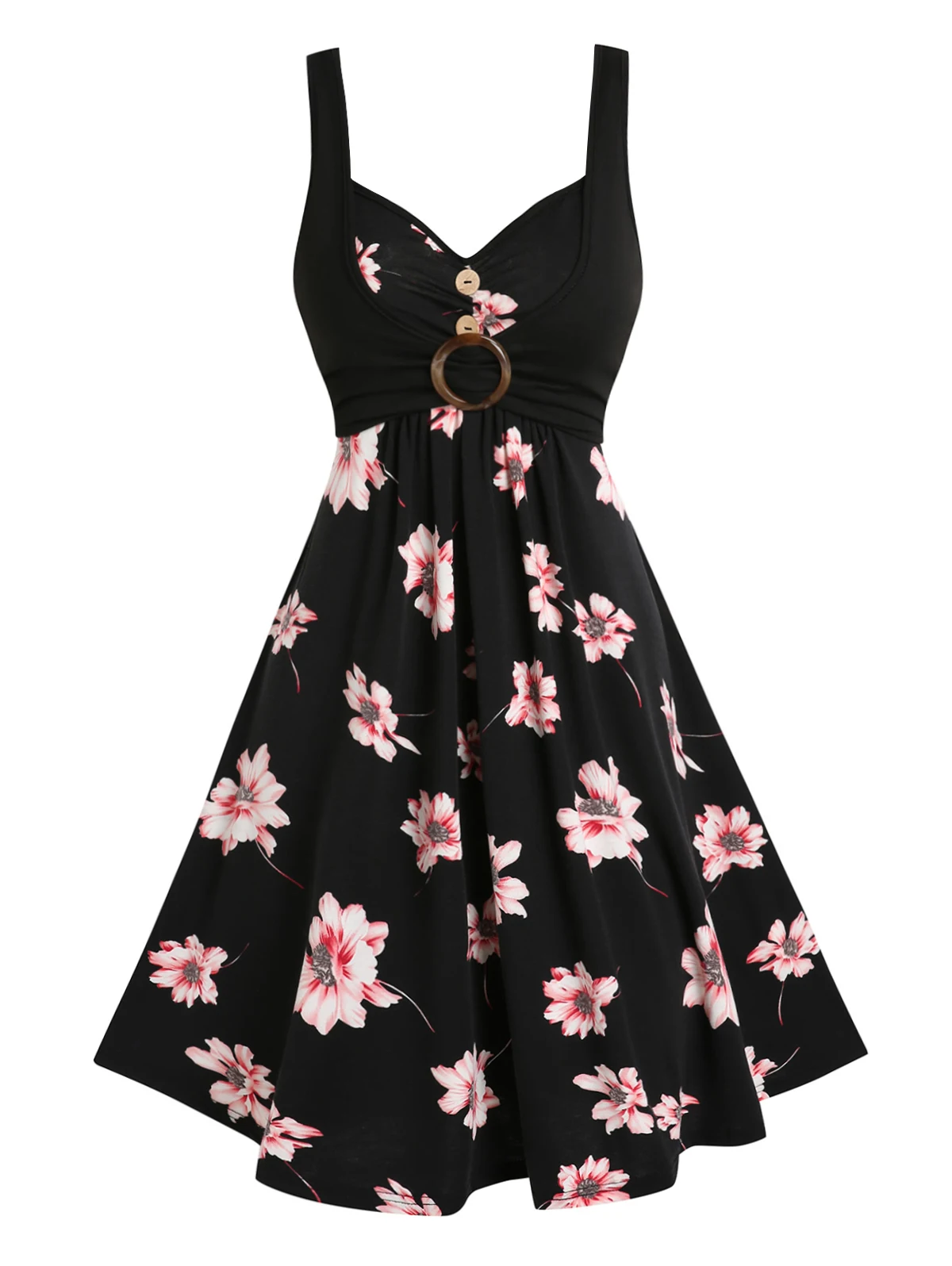 

O Ring Flower Print Casual Dress A Line Knee Length Sleeveless Summer Floral Vestido De Mujer