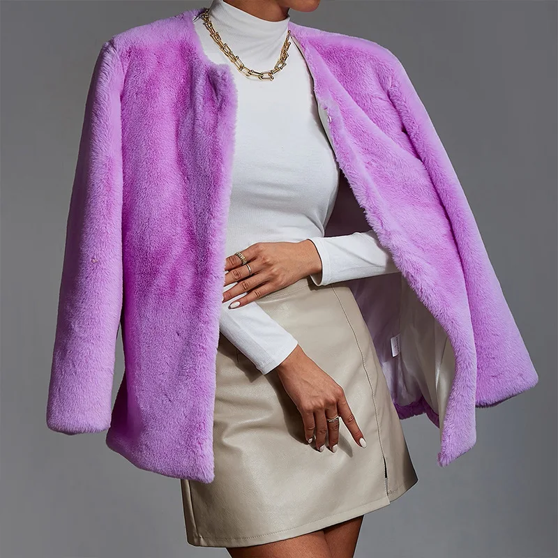

Autumn and Winter Long Sleeve Stitching Artificial Fur without Belt Thermal round-Neck Temperament Commute Fox Purple