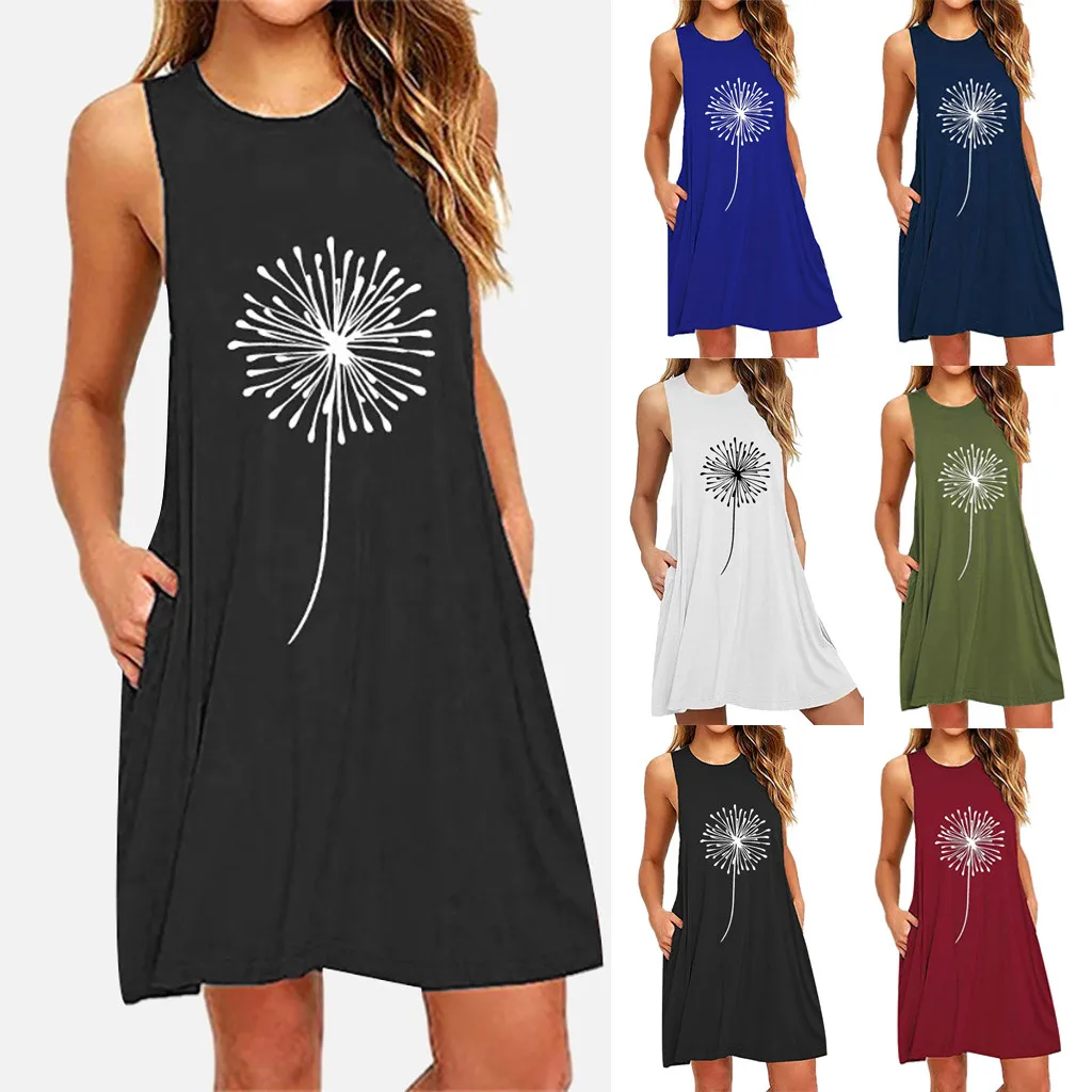 Women's Summer Casual Swing T-shirt Dresses Dandelion Printing Beach Cover Up With Pockets Loose T-shirt Dress robes pour femme