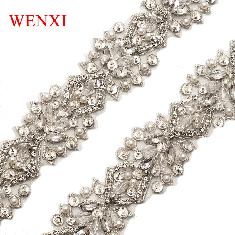 

WENXI 10YARDS Handmade Sewing Bridal Sliver Clear Crystal Rhinestone Applique Trim Iron On For Wedding Dress Sash WX807