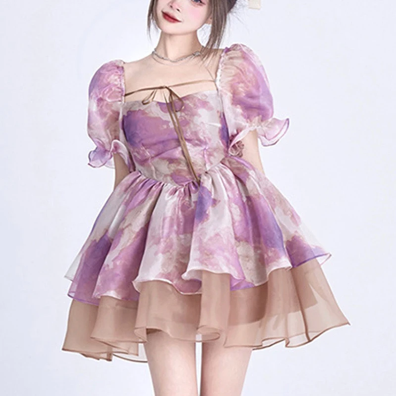 

Милое женское платье в стиле Лолиты, повседневное элегантное винтажное платье с коротким рукавом, модель 2023 года, летнее женское шикарное мини-платье с цветочным принтом Y2k
