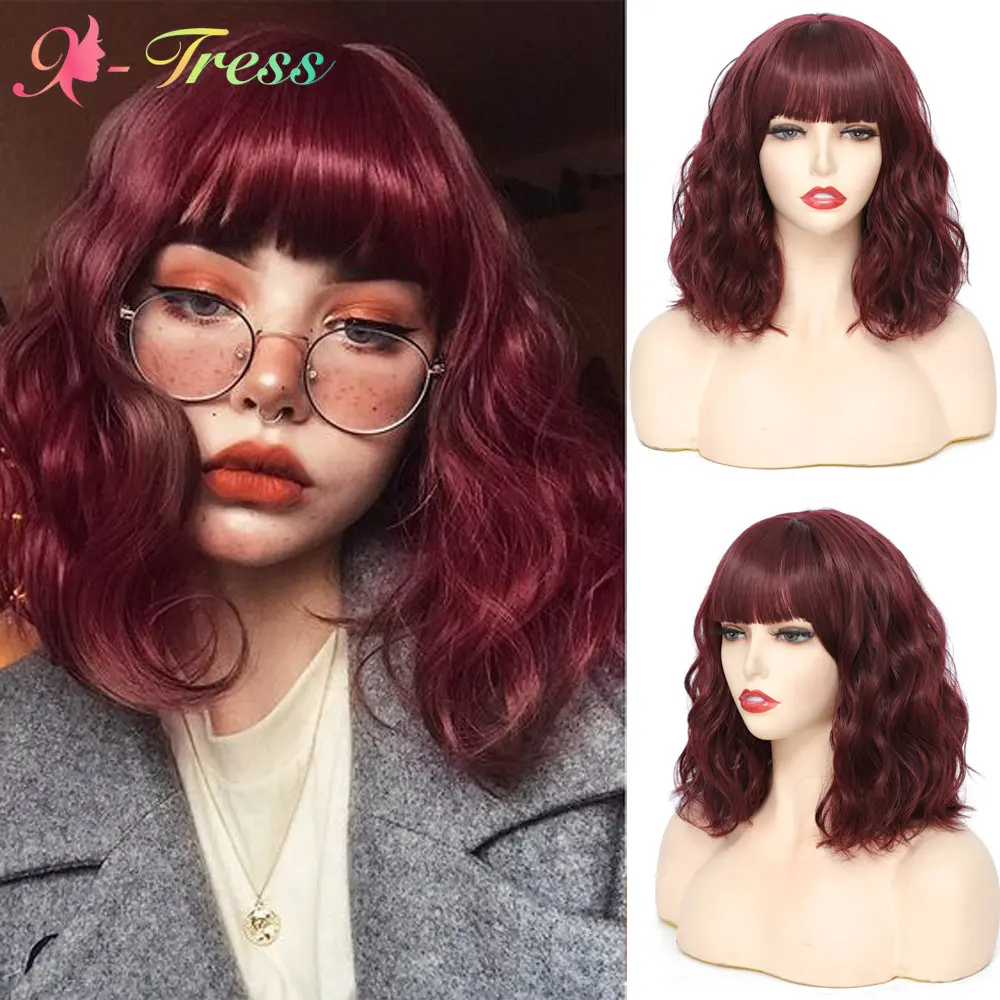 

X-TRESS Burgundy Wig With Bangs Synthetic Short Bob Wigs 14 Inches Natural Wave Machine Made Party Cosplay Lolita Wig For Women