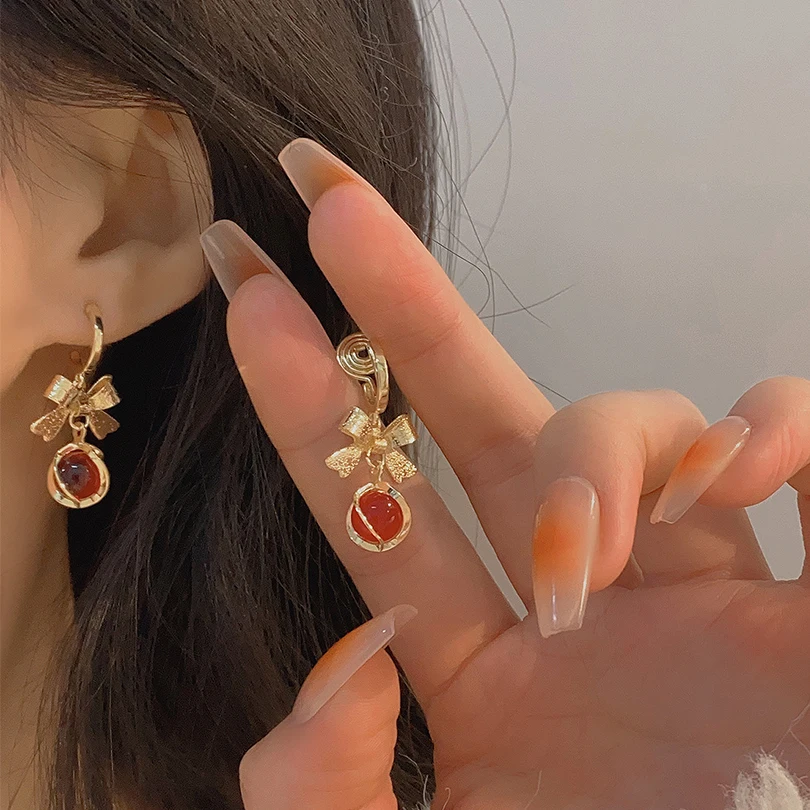 

French gentle retro niche golden bow red berry earrings mosquito coil plate no pierced female earrings Luxury Wholesale Jewelry