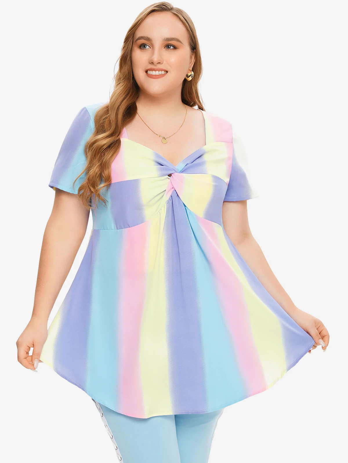 

Plus Size Ombre Rainbow Pastel Twisted Front Empire Waist Skirted Top Women Empire Waist Fashion Sweetheart Neck Tee For Summer