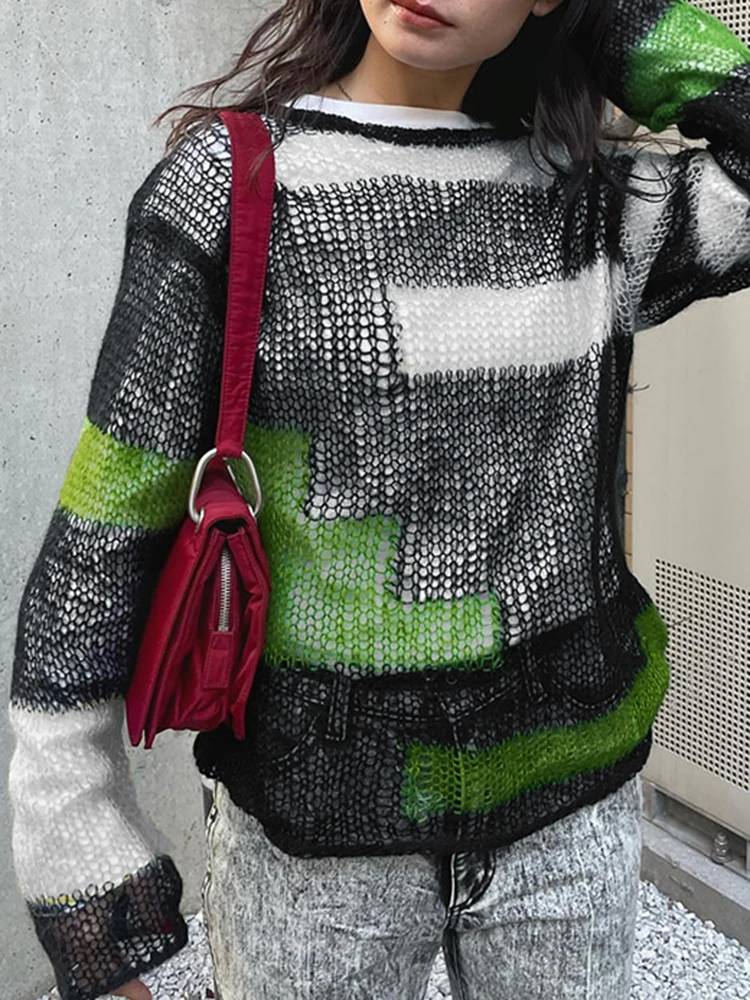 

Hollow Out See Through Sweater Tees Long Oversized Sleeve Loose Knitted Pullovers y2k Aesthetic Women Streetwear T Shirt