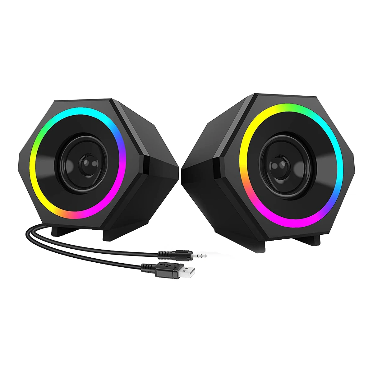 

Компактные стерео игровые колонки для ПК, проводные USB колонки с улучшенными басами, радужным светодиодным освещением, аудиовход 3,5 мм