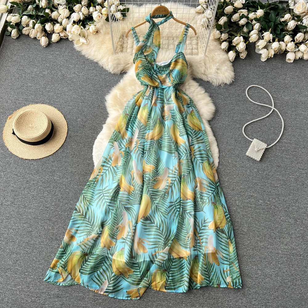 

2022 New Style Open Back Suspender Strapless Chiffon Floral Waist Closing Large Swing A-line Dress