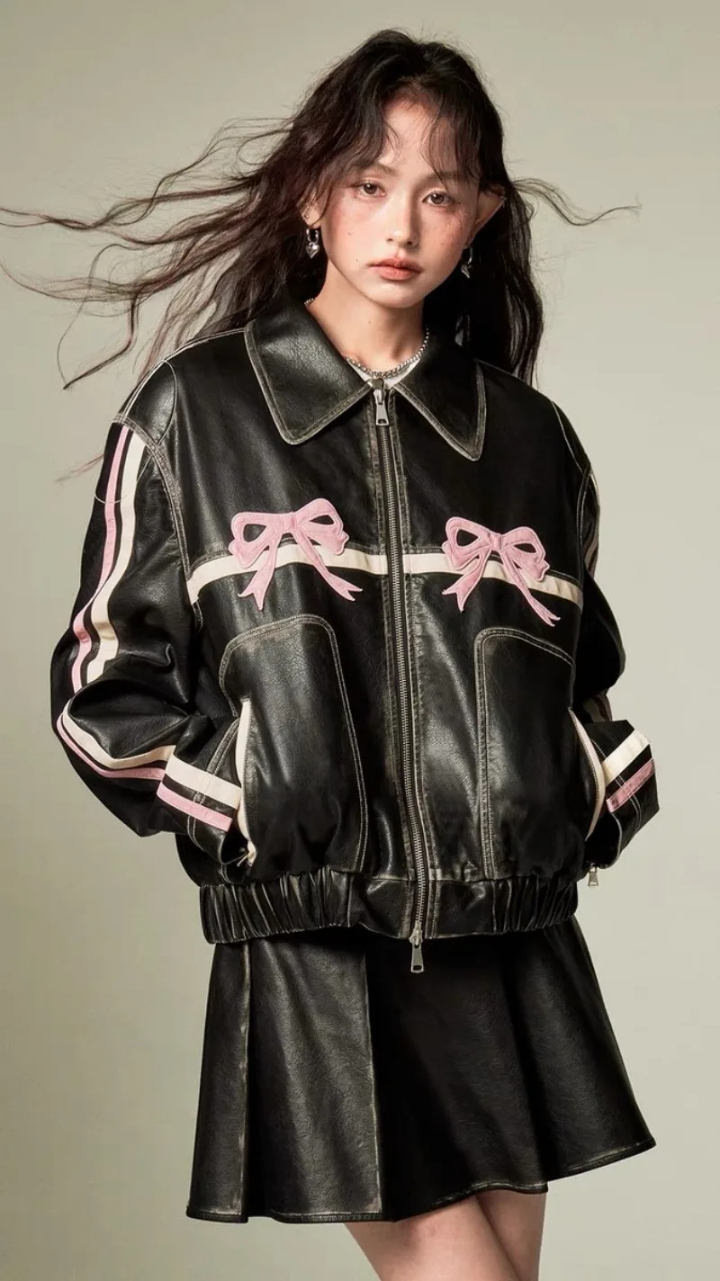 2024 new Y2K Korean Harajuku sweet cool bow retro rubbing black leather coat motorcycle spice girl fashion slim coat street wear