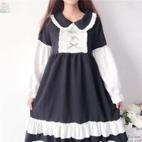 houzhou lolita dress kawaii bow ruffles black white patchwork vintage dresses peter pan collar long sleeve gothic streetwear