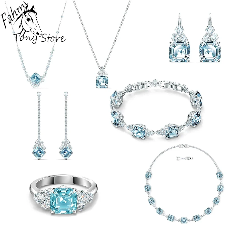 

Женские серьги с австрийскими кристаллами SWA, изысканные серьги с аквамарином, подарок на Новый год и Рождество, 2023