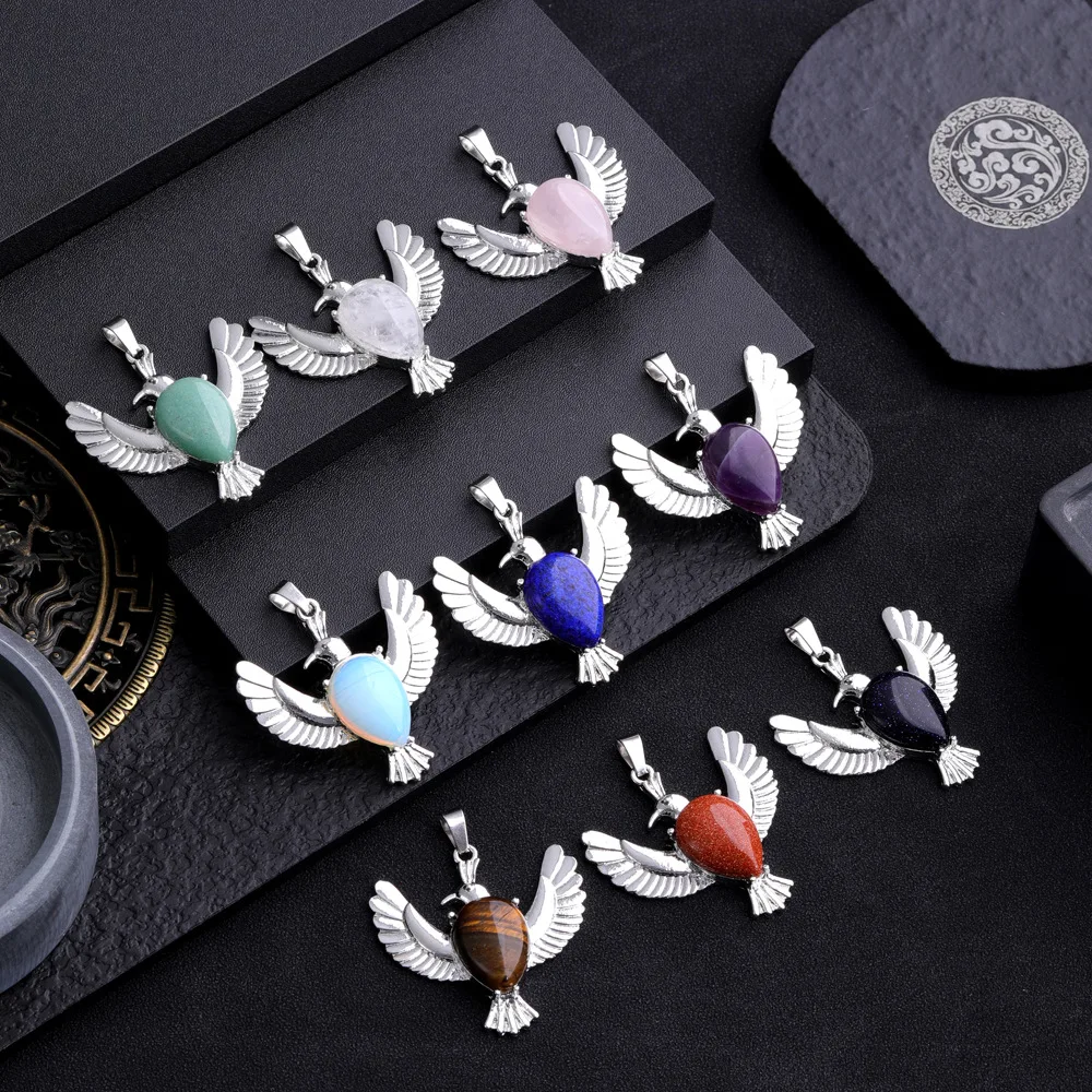 

10pcs Peace Dove Charms Waterdrop Natural Stone Green Opal Rose Quartz Pendant Healing Crystal Bird Charms Jewelry Making