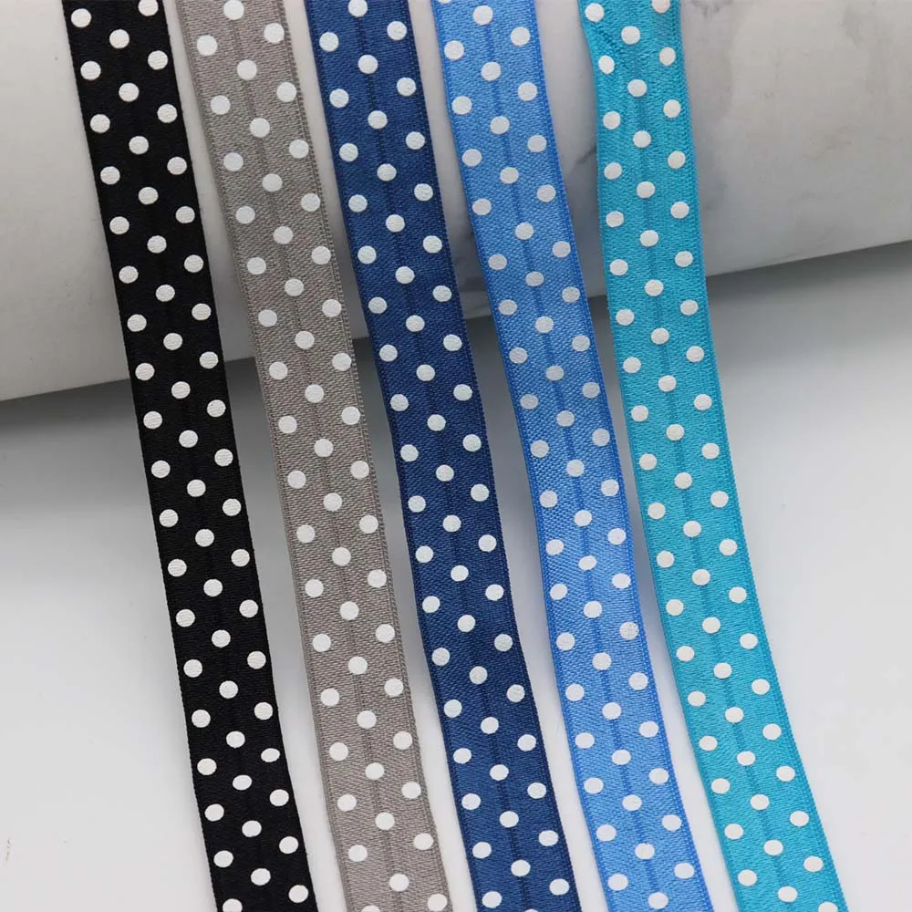 

5/8" 15MM White Ink Polka Dots Printed Fold Over Elastic FOE Ribbon For Hair Tie Headwear Hair Accessories
