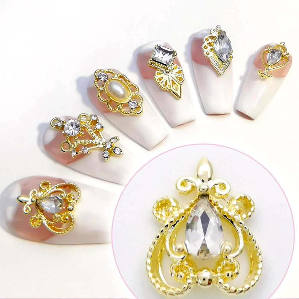 

10 Pcs/lot 3D Gold Nail Charms Silver Rhinestones for Nails Luxury Retro Baroque Hollow Lace Designs Alloy Zircon Nail Jewels
