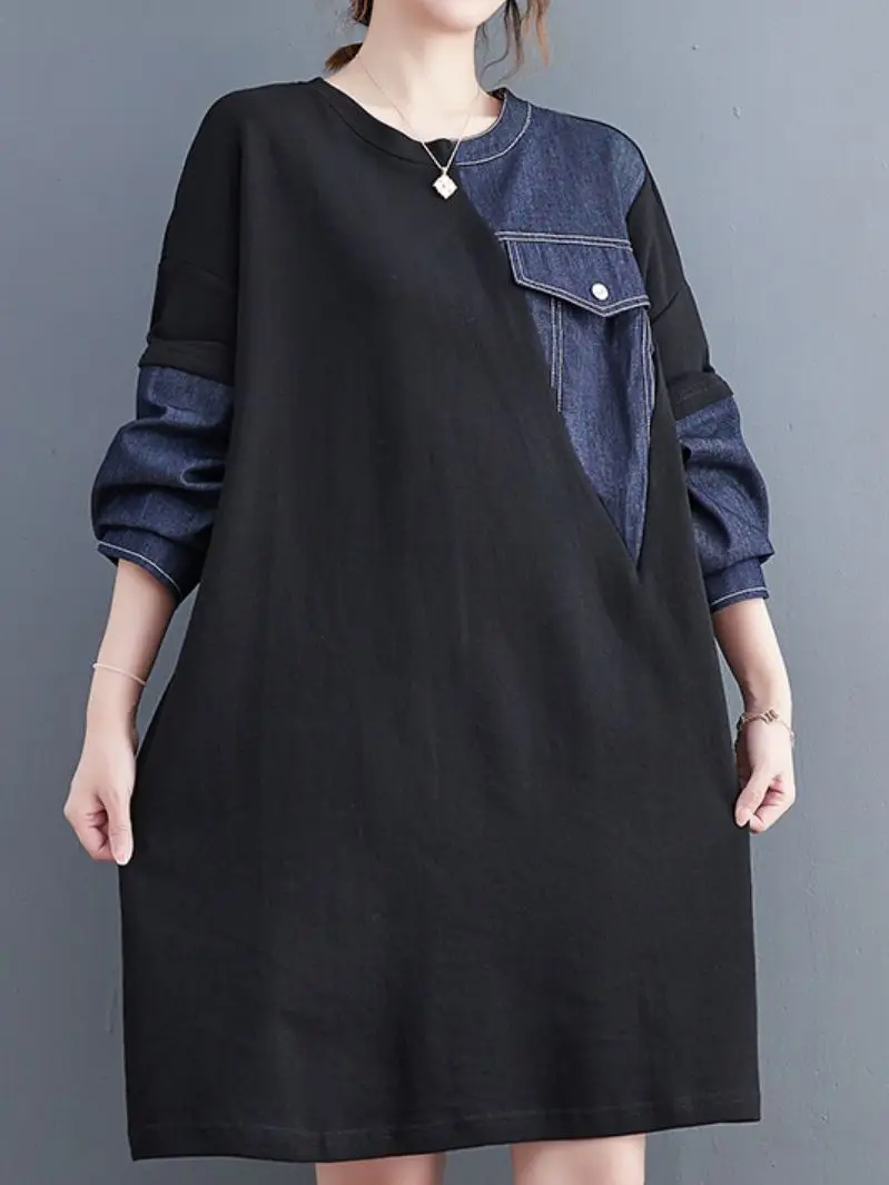 Fashion Spring And Summer Woman Patchwork Pullover Denim Stitching Vintage Loose Waist Dress Knee-length O-neck Oversized Dress