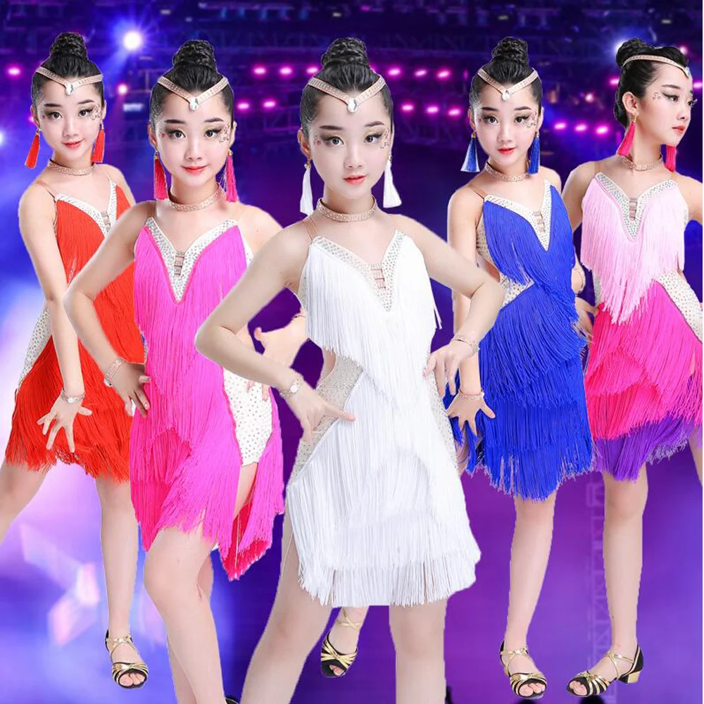 

Children Sequined Latin Dance Costumes Ballroom Salsa Latin Dress Kids Tassels Performance Stage Outfits Dance Dresses for Girls