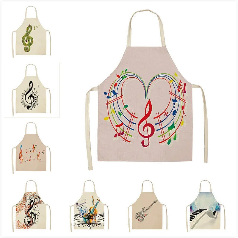 

Musicial Note Guitar Piano Kitchen Aprons Women Cotton Linen Bibs Household Cleaning Pinafore Home Cooking Apron Delantal Cocina