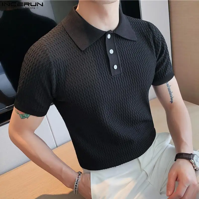 

Stylish Hot Sale Tops INCERUN New Men Simple Wavy Pattern Lapel Blouse Fashion Male Solid Comfortable Short-sleeved Shirts S-5XL